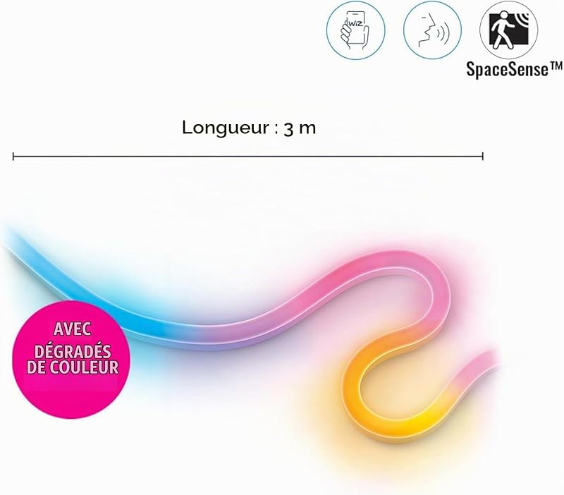Ruban LED Neon Flex, 16 millions de couleurs et nuances de blanc, Bande LED 3 m, Scènes de lumières dynamiques, Connexion WI-FI, Contrôle par la Voix, App, Alexa,Google Assistant et Apple HomeKit