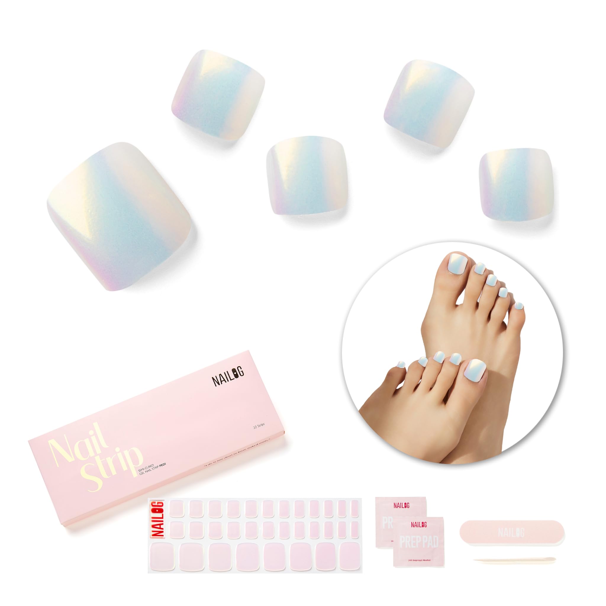 NAILOG Semi Cured Gel Nail Strips, Toe Nail Polish Strips with Glossy Gel Finishing | 32 Pieces Long Lasting Pedi Nail Wrap | Shimmery Pink, Metallic Finish | Pink Moonlight