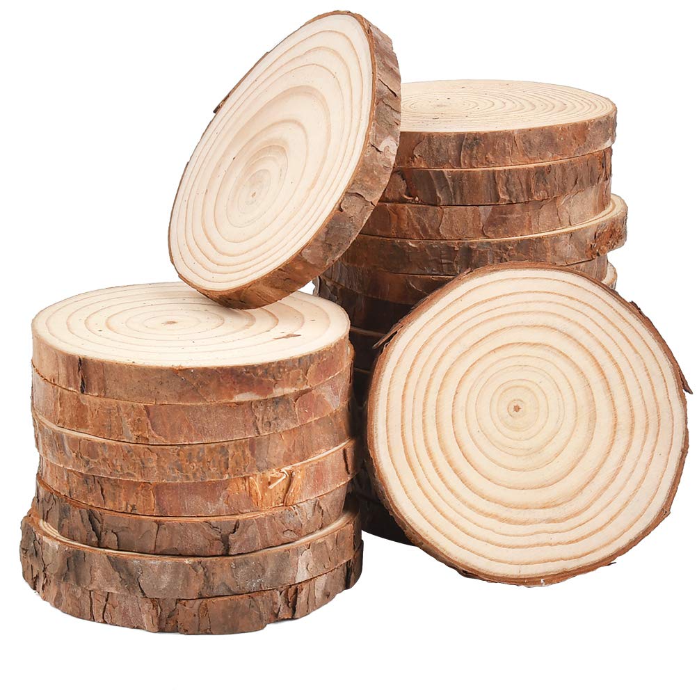 DODUOS Wood Slices 20 Pcs 8-10cm Natural Wooden Circles Slices NO Hole Unfinished Predrilled Log Discs Wooden Rounds Discs Slices for Art Creation DIY Crafts Wedding Decorations Christmas Ornaments
