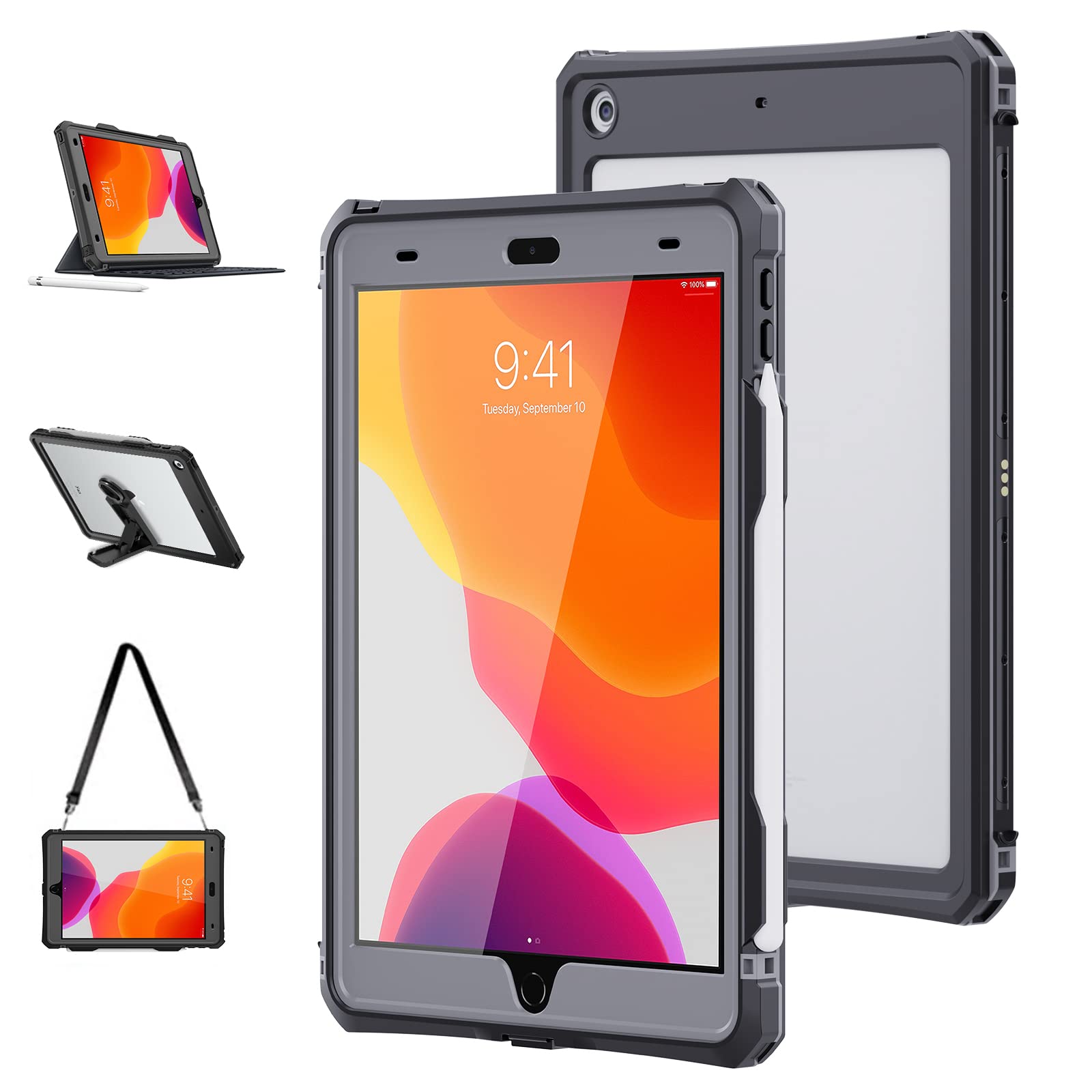 ShellBox Case iPad10.2 9th/8th/7th Generation Waterproof Case, Full-Body Heavy Duty Shockproof Protective Cover Built-in Screen Protector with shoulder strap for iPad 10.2 2021/2020/2019 (Black) โ image 1