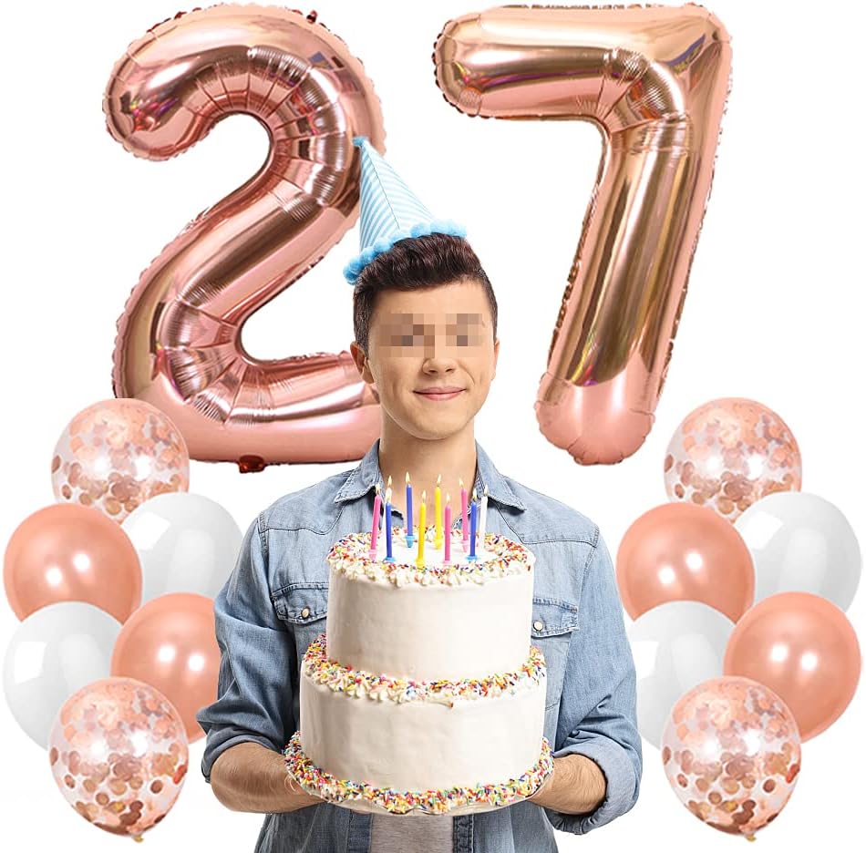 Xihuimay 27th Birthday Decoration Set, Happy Birthday Banner, Helium Balloons, Number 27 Balloon, Confetti, Latex - Image 5