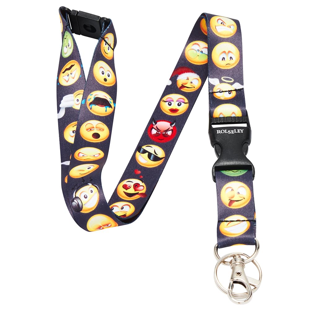 ROLSELEY Polyester Multicolour Lanyard Neck Strap with EMOTICON Yellow Smiley Face Pattern with Metal Clip and Safety Breakaway