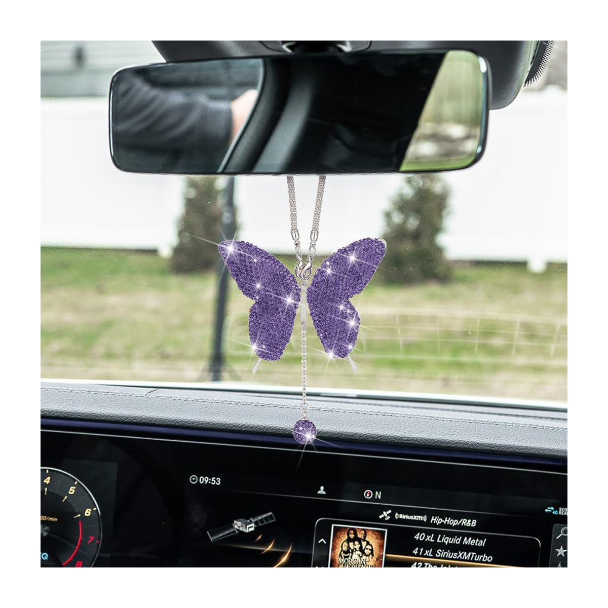 Photo 1 of ***DAMAGED - SEE NOTES/PICTURES***zipelo Bling Butterfly Diamond Car Accessories, Crystal Car Rear View Mirror Charms for Women, Car Decoration Lucky Gifts Hanging Interior Crystal Ornament Pendant Decor for All Cars (Purple)