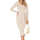 ZESICA Women's 2026 Spring Sweater Dress V Neck Long Sleeve Ribbed Knit Tie Waist Bodycon Slim Fit Midi Dresses