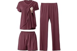 Rnxrbb V Neck Nursing Pajamas Set 3 Pack Postpartum Pjs Breastfeeding Sleepwear for Women Double Layer with Pockets