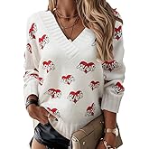 Beopjesk Women's V-Neck Christmas Knitted Sweaters Winter Vintage Merry and Bright Snowflake Xmas Holiday Pullover Tops