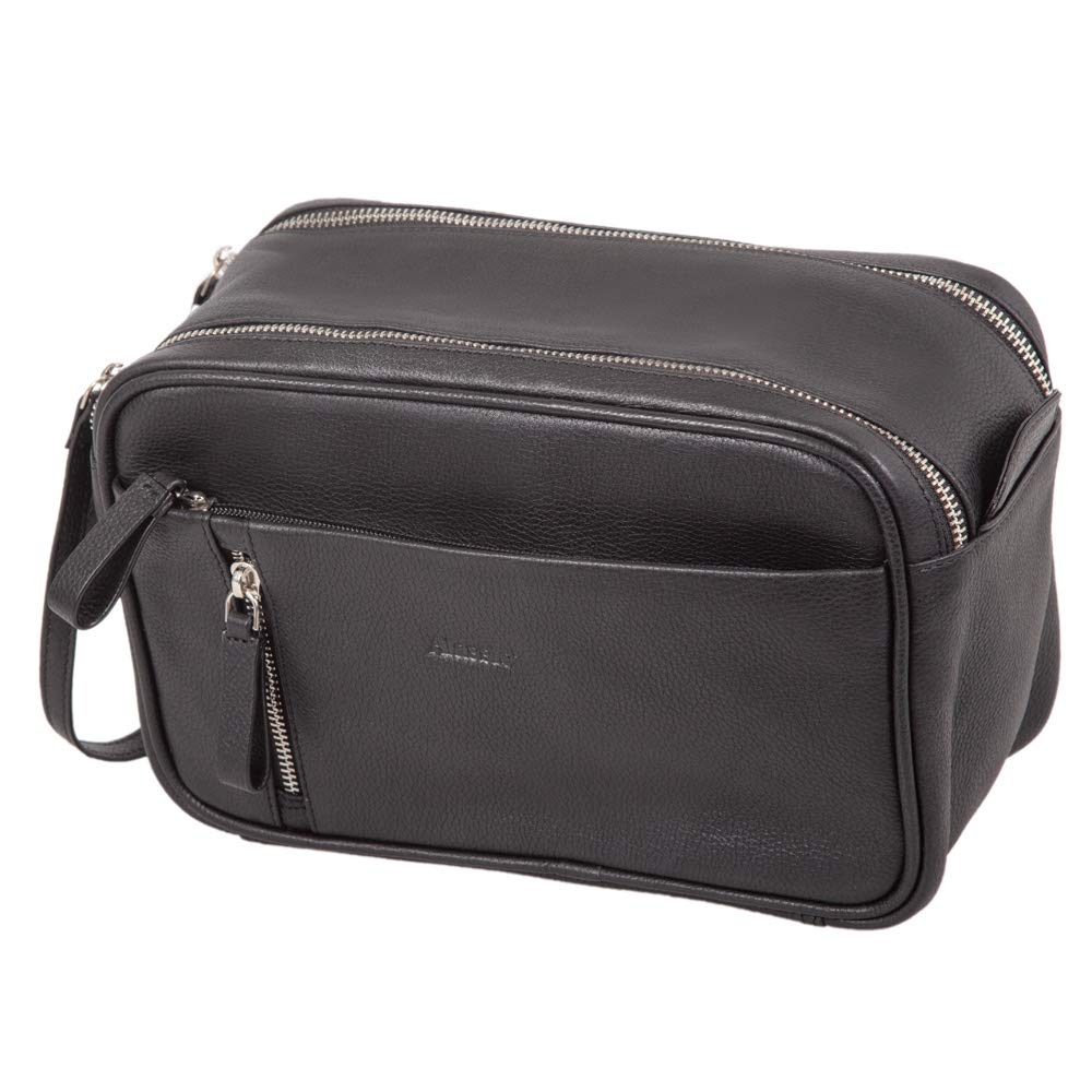 Alassio Salina 47036 – Toiletry Bag Made of Real Leather Travel Bag for Men and Women with Zip Main Compartment Wash Bag in Black Cosmetic Bag Approx. 16 x 24.5 x 12 cm