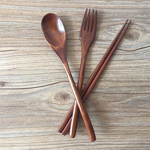 Japanese Natural Wooden Handmade Party Tableware Sets，Camping Flatware of 4-pieces (1 Spoon, 1 Chopsticks, 1 Fork,1 Tableware Bag)