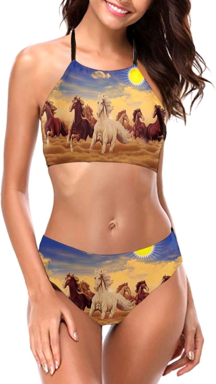 KiuLoam 3D Beautiful Horses 2 Piece Swimsuits Bathing Bikini Sets for