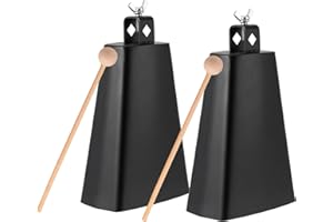 MANCHAP 2 Pack 8 Inch Cow Bell with Stick, Cowbells Noise Makers with Handle, Metal Cowbell for Drum Set, Sports, Home, Farm, Black