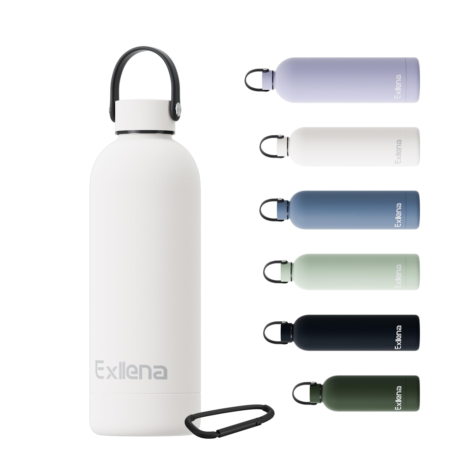 Exllena 500ml Water Bottles Metal with Handle Lid and Carabiner, Double Wall Vacuum Drinks Bottle Keeps Drinks Cold 24 Hrs/Hot 12 Hrs, Stainless Steel Water Bottle BPA Free(Beige)