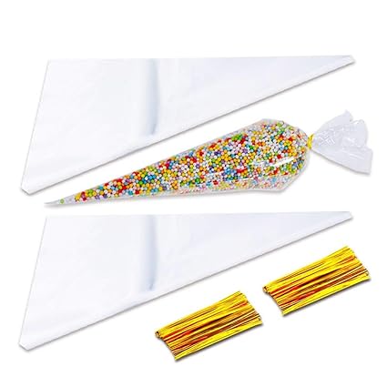 BornFeel Spitztüten für Süßigkeiten 100 Stück Süßigkeitentüten Tüte Transparent OPP 170 x 370mm + 100 Stück Golden Bindestrei