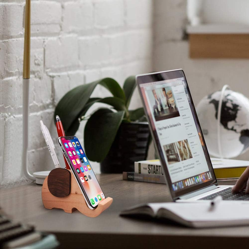 AhfuLife Elephant Pencil Phone Stand Christmas Gifts Ideas for Women Beech&Walnut Wooden Pen Pot Holder Desk Decoration Stationary Gifts for Women Xmas Birthday Mother's Day Valentine's Day - Image 3