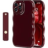 NITITOP Compatible with iPhone 14 Pro Max Case Cute Simple Wave Design Stylish Wavy Curly Frame with Wrist Adjustable Hand Strap Kickstand Grip Holder Soft Silicone Protective Cover - Wine Red