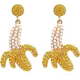 Sparkling Banana Dangle Drop Stud Earrings for Women Cubic Zirconia Yellow Crystal Faux Pearl Fruit Charm Dangling Statement Earring Fashion Jewelry Gifts
