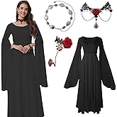 PYAEAS 4 PCS Women Medieval Witch Gothic Long Dress Halloween Vampire Renaissance Costume with Belt Chain Bracelets Necklaces