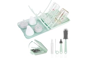 FXXQHT Baby Bottle Brush Set, 6-in-1 Travel Bottle Cleaning Kit with Silicone Bottle Brush, Nipple & Straw Brush, Soap Dispenser, Drying Rack, Storage Box – Compact Travel Baby Essential for Home & On-The-Go