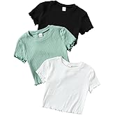 Floerns Girls 3 Pcs Short Sleeve Lettuce Trim Rib Knit Tee Shirt Crop Top
