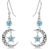 Seiyang Moon Star Birthstone Earrings 925 Sterling Silver Crescent Moon Star Dangle Drop Earrings with 12 Months Birthstone Vintage Jewelry Gifts for Women Mom Her
