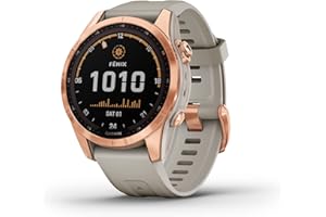 Garmin fenix 7S , Smaller sized adventure smartwatch, with Solar Charging Capabilities, Rugged outdoor watch with GPS, touchscreen, health and wellness features, rose gold with light sand band