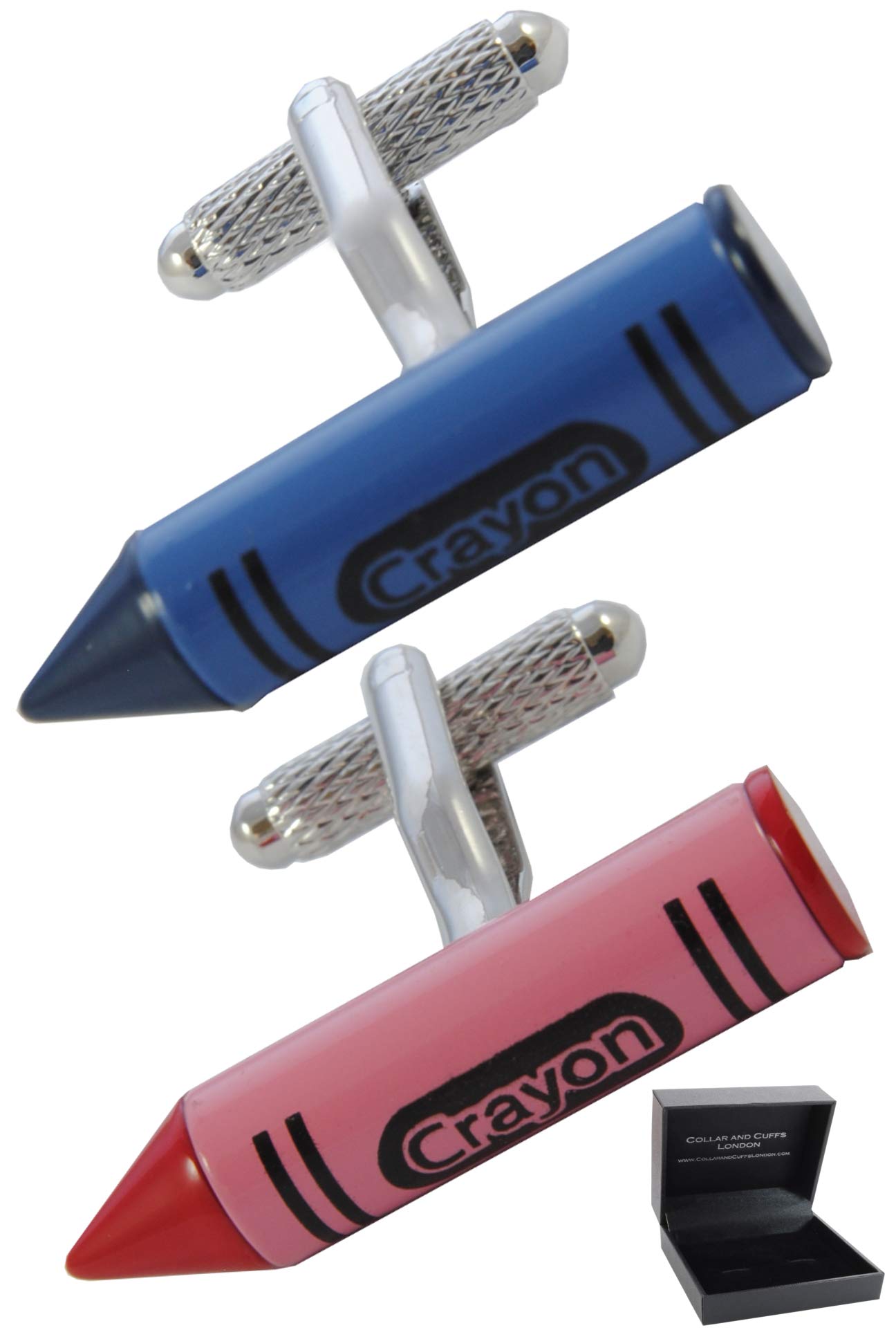 Cufflinks for Men + Presentation Box - Blue and Pink - Crayons - School Art Artist Sketch Picture Teacher Drawing Craft - One Pair