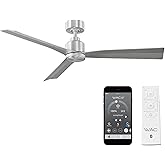 Clean Indoor/Outdoor 3-Blade Smart Compatible Ceiling Fan 52in Brushed Aluminum with Remote Control and Wall Cradle. Works wi