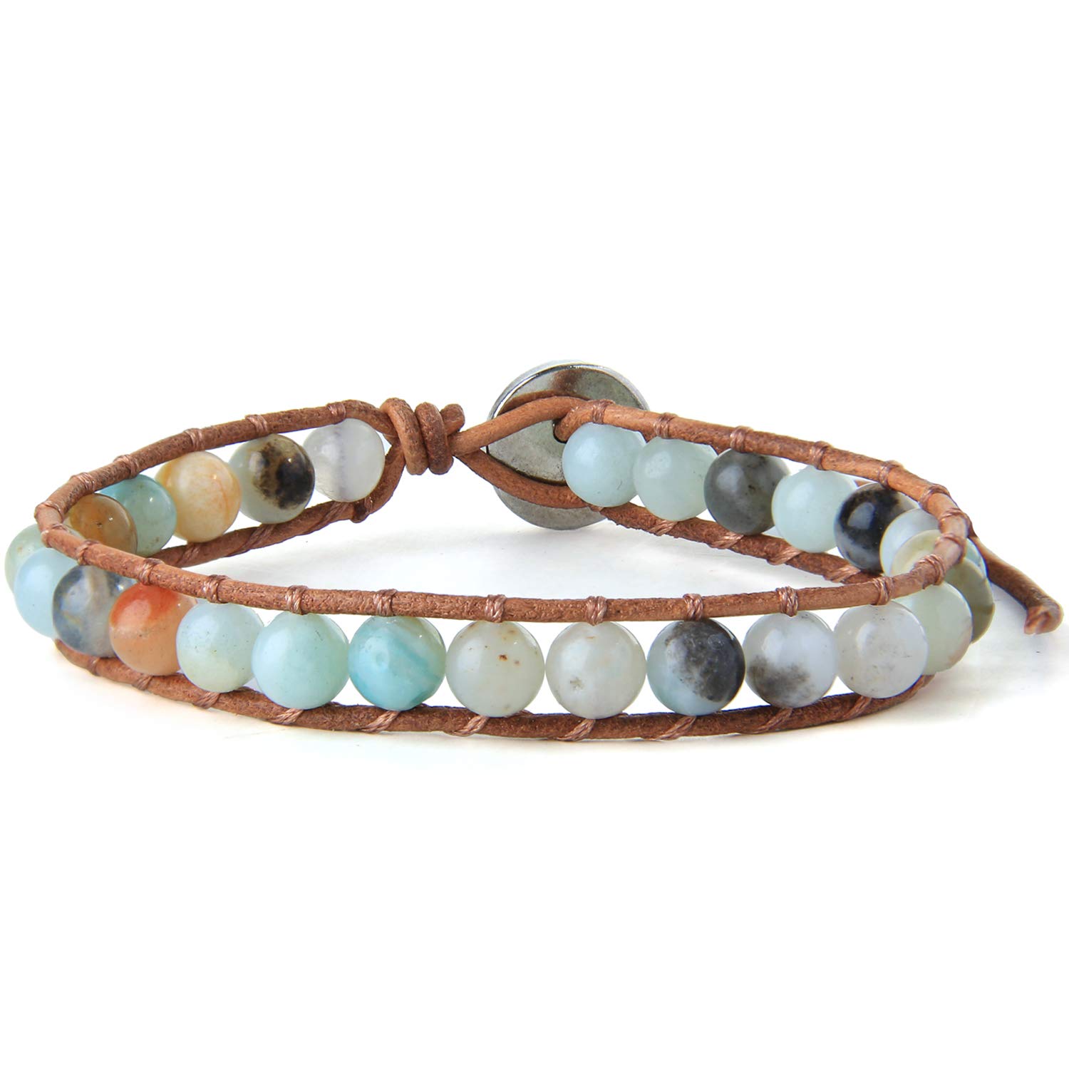 KELITCH Turquoise Crystal Mix Beaded Single Wrap Bracelet on Brown Leather Handwoven New Jewelry (Colorful 8A)
