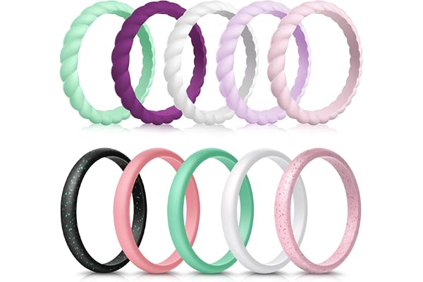 Forthee 10 Pack Silicone Wedding Ring for Women, Thin and Braided Rubber Band, Fashion, Colorful, Comfortable fit, Skin Safe