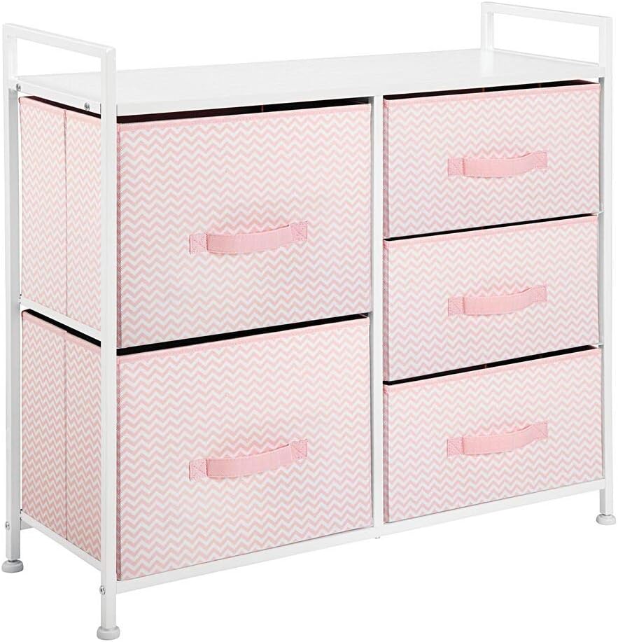 mDesign Wide Dresser Storage Tower Furniture - Metal Frame, Wood Top, Easy Pull Fabric Bins - Organizer for Kid's Bedroom, Hallway, Entryway, Closets, Dorm - Chevron Print, 5 Drawers - Pink/White: Home & Kitchen