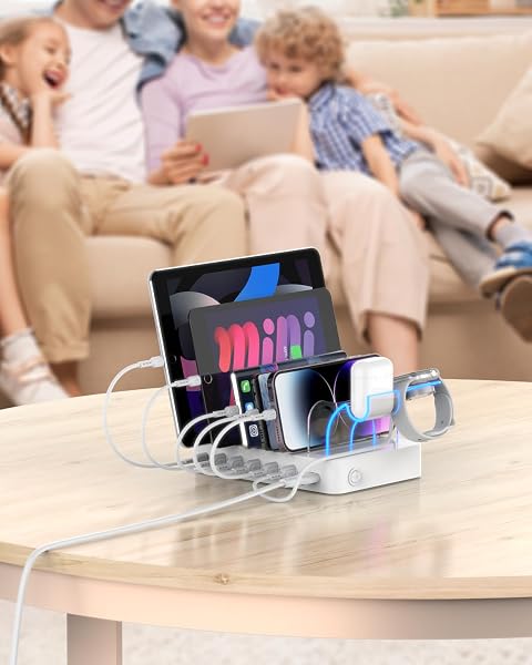 SOOPII 60W 6-PORT CHARGING STATION FOR MULTIPLE DEVICES, PD 20W USB C FAST CHARGING FOR LPHONE 14/13/12,6 SHORT CABLES INCLUDED, 2 IN 1 HOLDER,FOR PHONES,TABLETS AND OTHERS,WHITE
