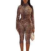 YOUFE Womens 2 Piece Cheetah Outfit High Neck Long Sleeve Top High Waist Capri Sexy Leopard Print Pant Set Y2K Clubwear