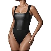WDIRARA Women's PU Leather Bodysuit Tank Tops Square Neck Sleeveless Slim Fit Leotard Top