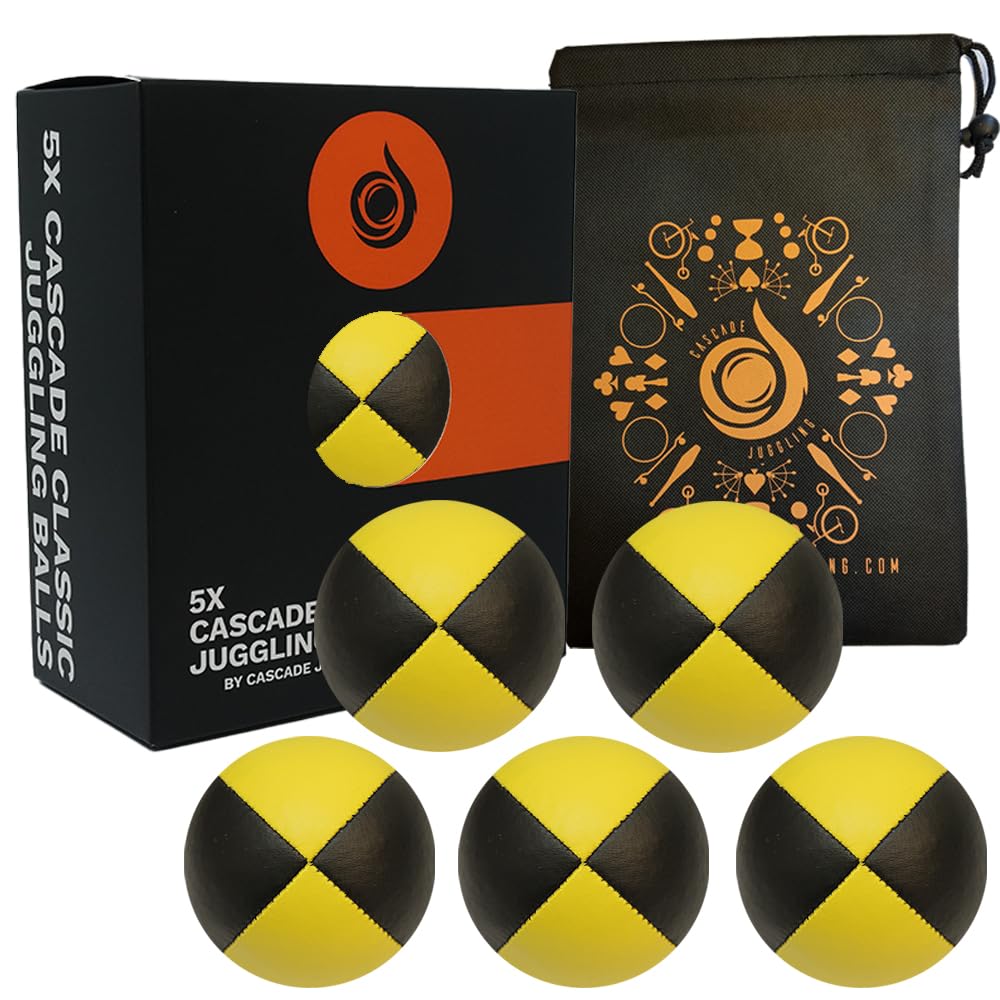 Pro Cascade Classic Black Juggling Balls 5 Pack - Thud Juggling Balls & Bag - Juggling Balls 5 Pack (Yellow & Black)