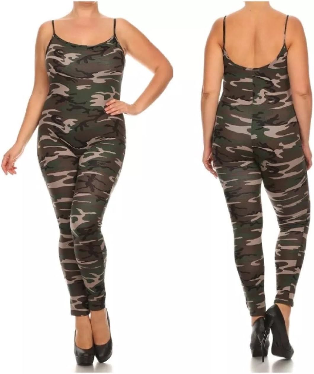 Plus Jumpsuit Camo Army Camouflage 1X 2X 3X Sexy Women Bodysuit Green Print (3X