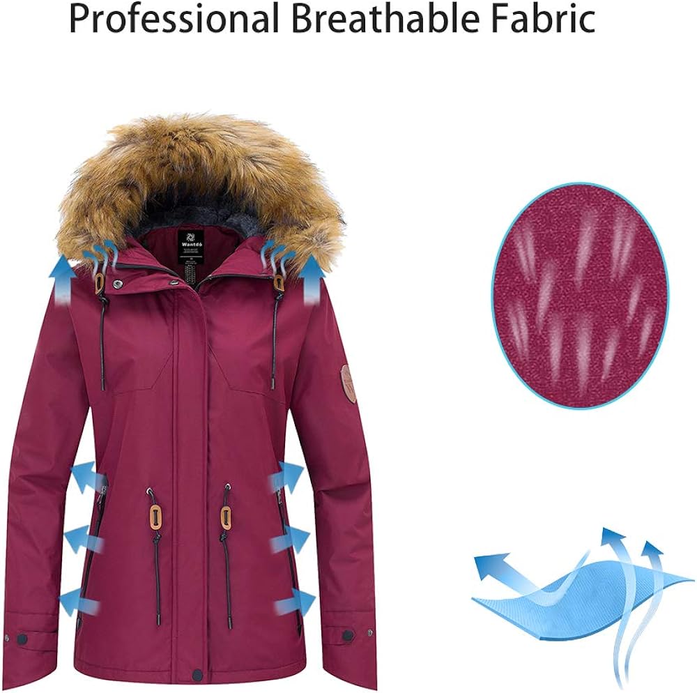 Wantdo Women's Waterproof Ski Jacket Hooded Winter Snow Coat Mountain Snowboarding Jackets Insulated Fleece Parka: Clothing