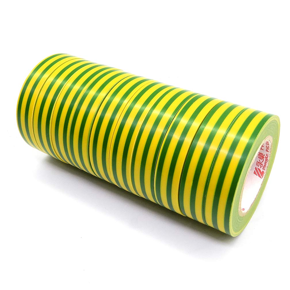 ALBOYI 10 Rolls Green Yellow Electrical Tape, 15mm x 15m Self-Adhesive PVC Insulation Tape for Wire Repair, Cable Protection,Insulating and Repairing Wires
