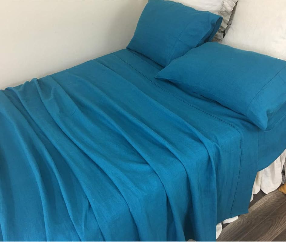 Teal Blue Bed Sheets, Natural Linen Royal Blue Bed Sheets