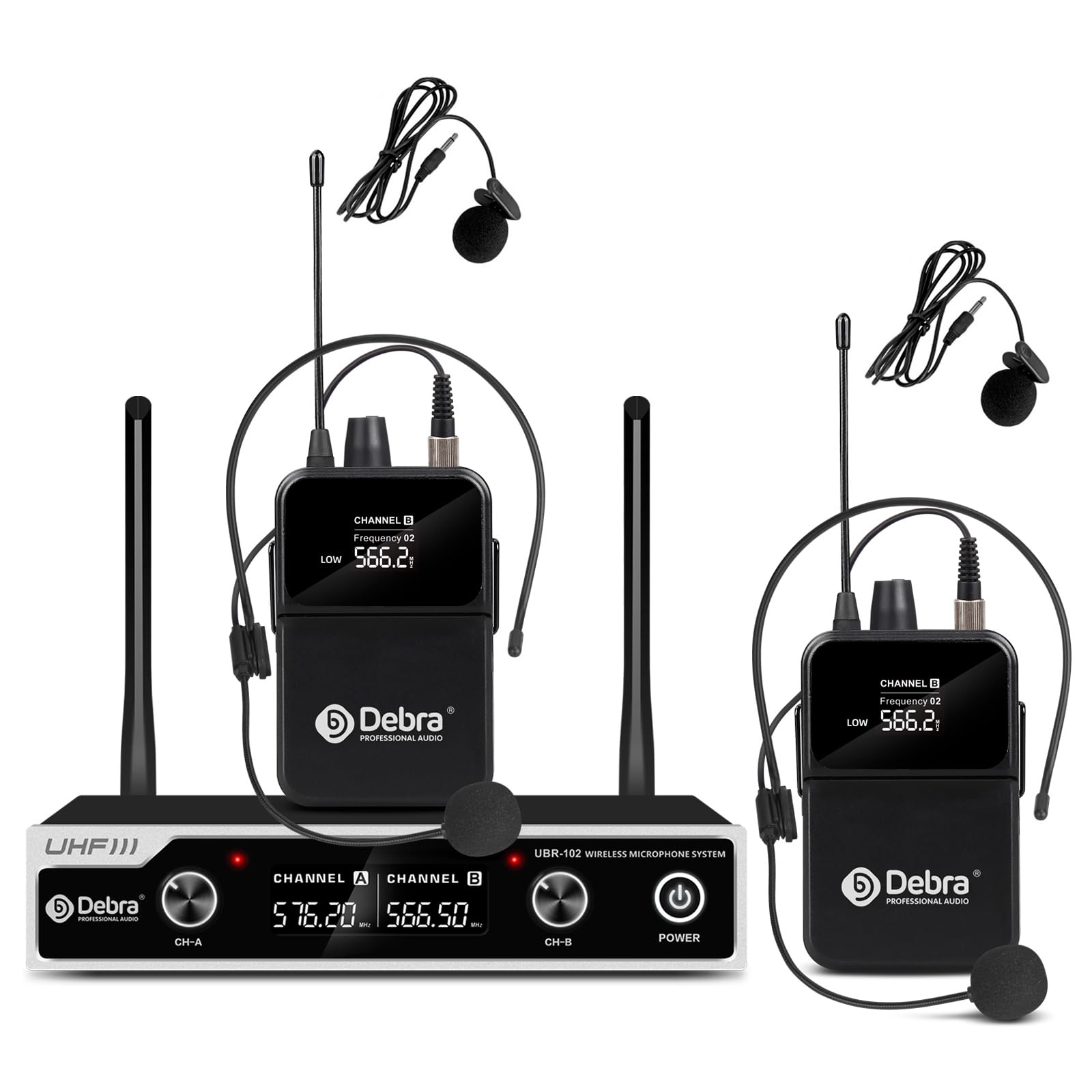 UHF Wireless Microphone System UBR-102, Cordless Handheld, Lavalier & Headset Mics, 260ft Range, Ideal for Church, Lectures, Karaoke, Weddings, DJ, Bars (2 Bodypacks)
