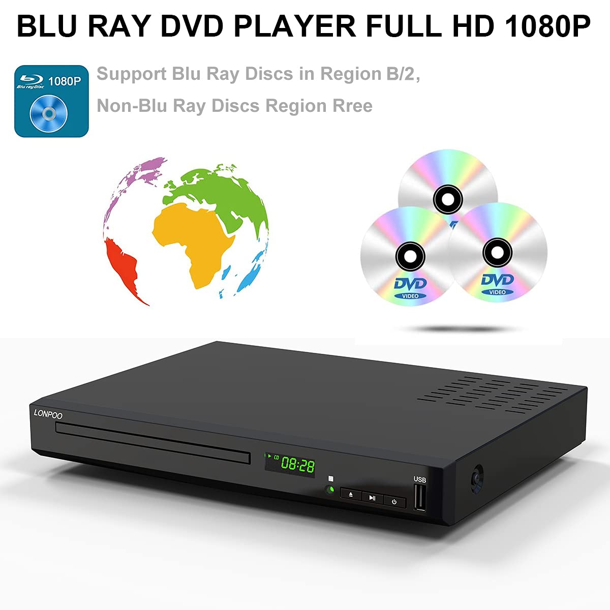 HD Blu-ray Player, Kompakter Bluray Player HDMI 1080P-DVD-Player mit HDMI-Ausgang/AV-Ausgang/Koaxialausgang, USB-Eingang, unterstützt alle DVDs und Region B / 2 Blue Ray Disc 5