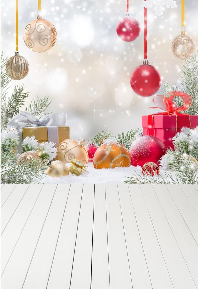 Muzi Photography Backdrops for Christmas Gifts Decorations Pine Snow Newborn Children Baby Family Photo Studio Prop Vintage Wood Floor Background 5x7ft XT-4350