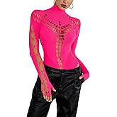 AVZXSA Women's Sexy Cutout Turtleneck Long Sleeve Bodysuit Tops Seamless Mesh Snap Crotch Thong Bodysuits