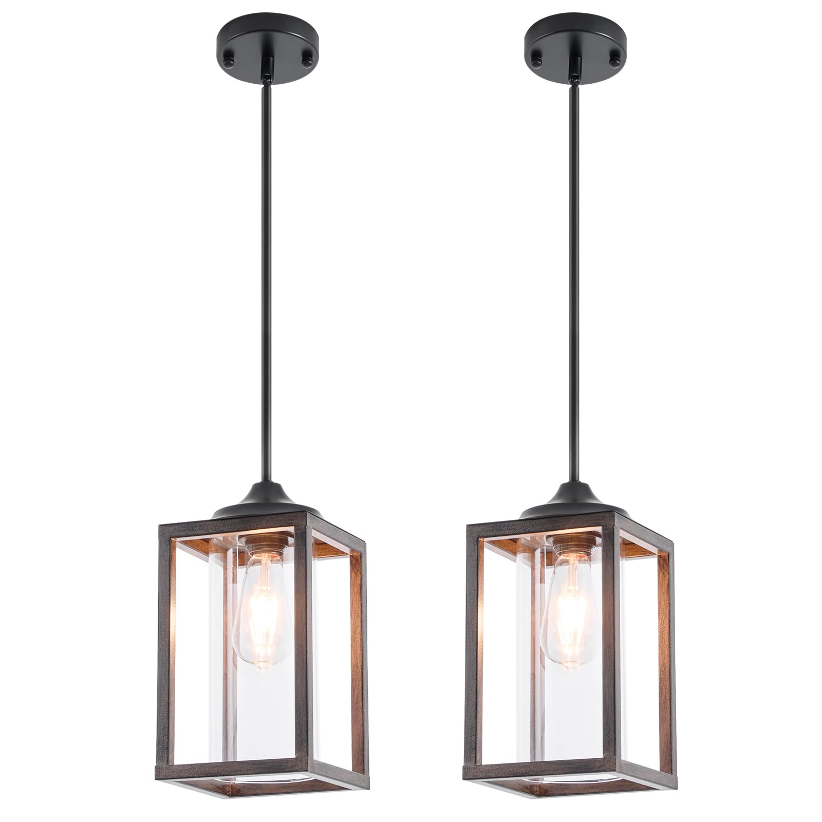 Photo 1 of Farmhouse Pendant Light in Wood and Metal Cage, Rustic Pendant Light with Glass, Adjustable Hanging Light Fixtures, Mini Pendant Lighting for Kitchen Island, Hallway, Foyer (Square Brown-2 Pack)