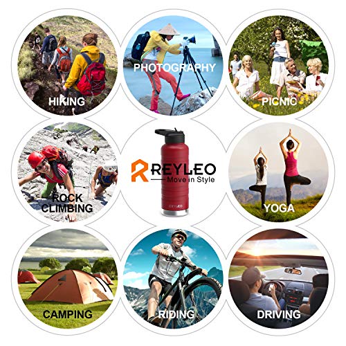 REYLEO Vacuum Insulated Water Bottle with Straw Lid- 24 Oz, Red, 2 Lids, 18/8 Stainless Steel Metal Sport Water Bottle, Keep Cold 24 Hours & Hot 8 Hours, Standard Mouth with Straw Lid