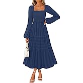 MEROKEETY Women's 2025 Long Sleeve Fall Dress Square Neck Smocked Flowy Tiered Casual Maxi Dresses with Pockets