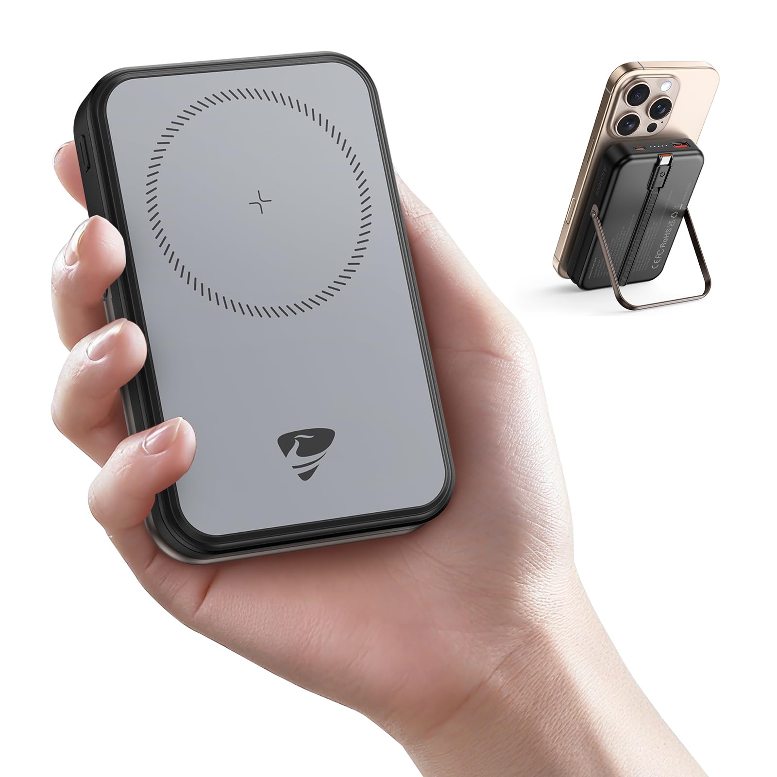Aioneus for Magsafe Portable Charger, 10000mAh Magnetic Power Bank with USB C Cable, 22.5W Fast Charging Battery Pack with Stand, Wireless Charger for iPhone17/16/15/14/13 Series, Samsung S25/S24/S23