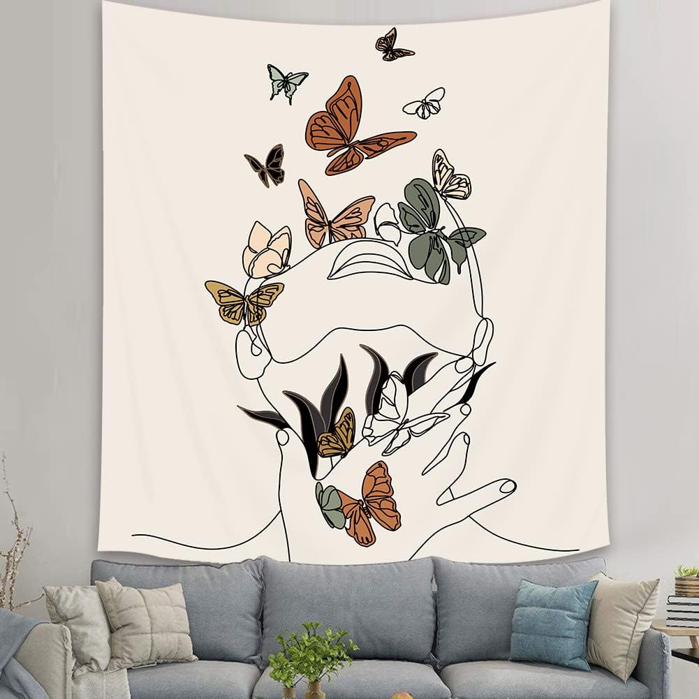 Tapestries - SVBright Simple Woman Flower with Colorful Butterfly Fabric Wall Hanging Tapestry 51Wx59H Inch Abstract Mid Century Line Aesthetic Modern Minimalist Sketch Home Decor Art for Living Room Bedroom Dorm
