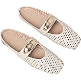 EGGDK Women's Hollow Leather Flat Mules with Metal Buckle Square Toe Slingback Slip-On Mary Jane Flats Lightweight Comfortable Non-Slip Slippers for Office & Casual Wear
