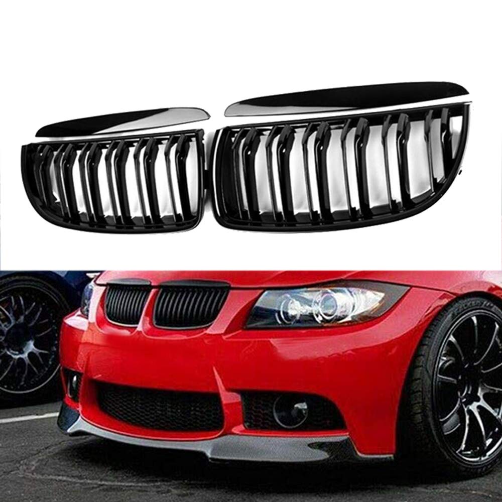 Ricoy Gloss Black Front Kidney Grill Grilles For 2005-2008 325i 328i Sedan Wagon E90 E91 4 Door (Dual Slat)