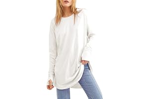 Fisoew Women's Casual Long Sleeve Tops Crew Neck Round Hem Loose T-Shirts Tunic Tops with Thumb Holes