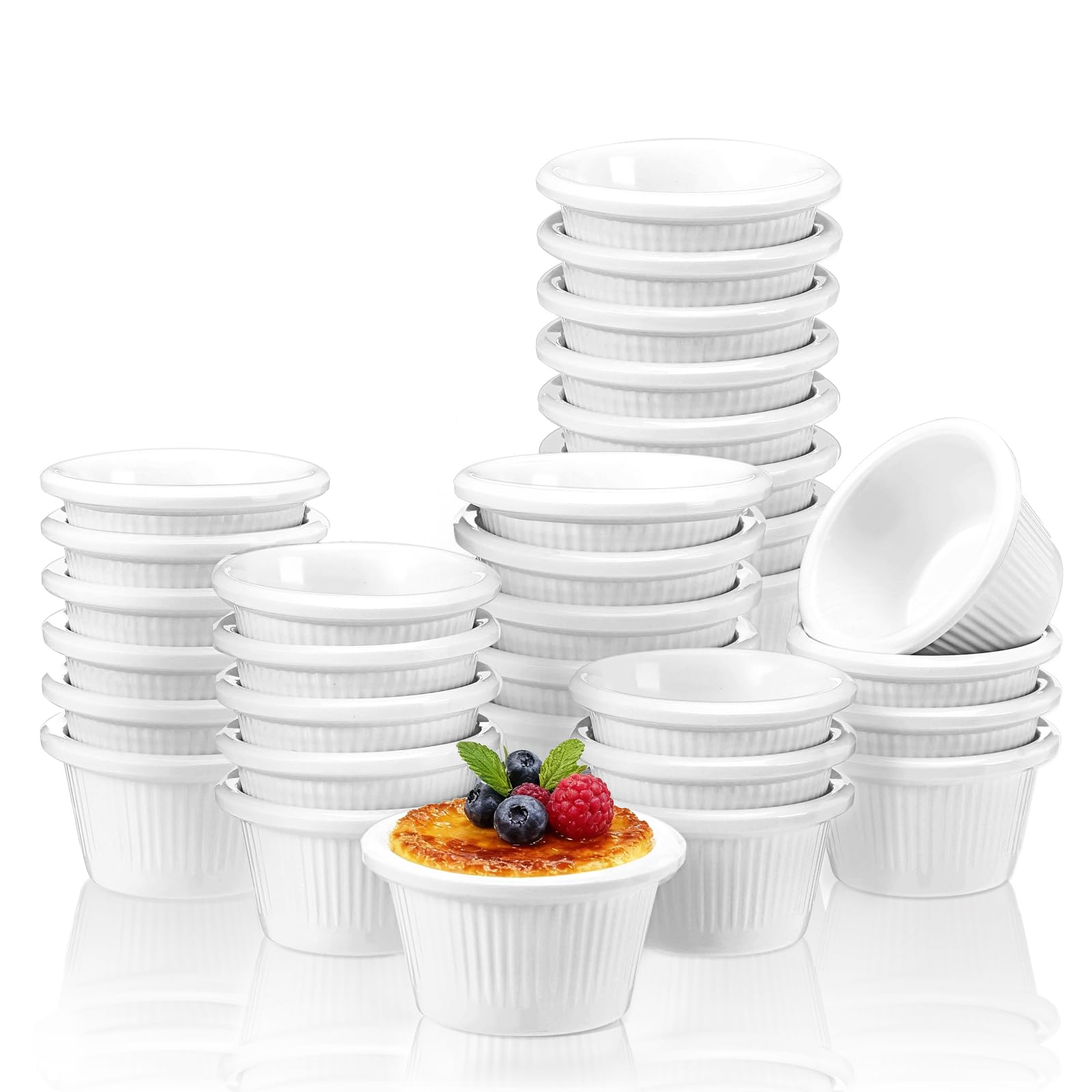 Photo 1 of 24 Pcs Ramekins 2 oz Oven Safe Ceramic Sauce Cups Creme Brulee Fluted Ramekin Tiny White Melamine Dipping Bowl Custard Condiment Charcuterie Bowls Round Tart Pan for Kitchen Dishwasher Charcuterie
